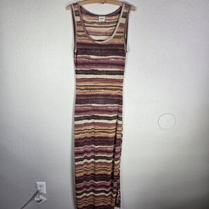 Mine Usa Vintage Bodycon Dress Size L Maxi Slit Side Sleeveless Stretch Chevron